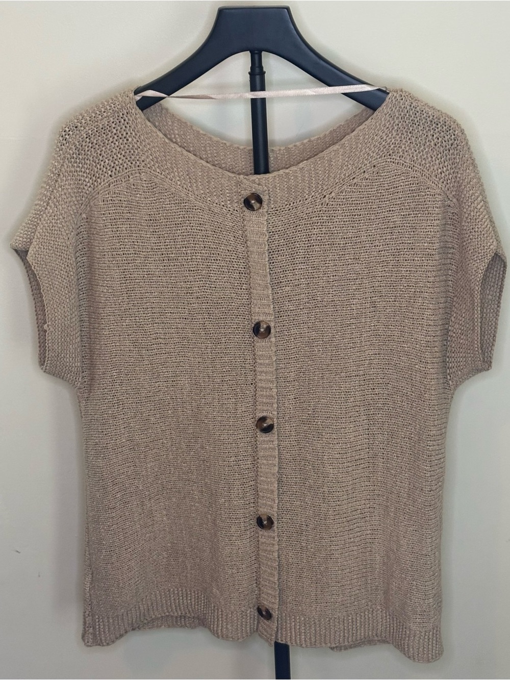Cable & Gauge Beige Knit Short Sleeve Top | Lightweight Neutral Dolman Sweater - Picture 2 of 5